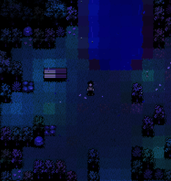 A character in a dark blue forest at night