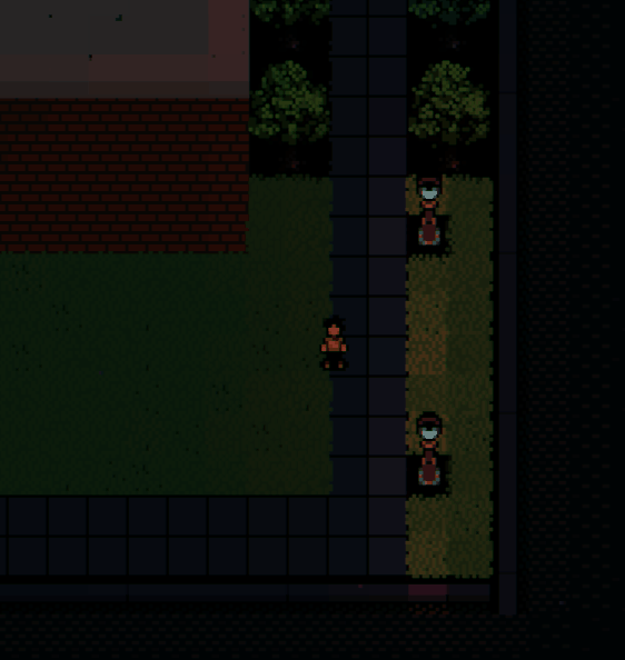 A character on a street at night beside a brick building