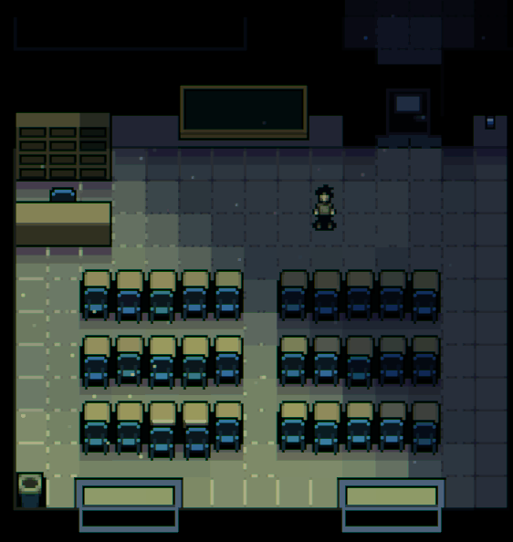 A character standing in an empty classroom
