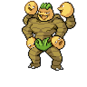 A brown muscular creature with green hair and round yellow hands
