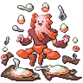 A pink chef surrounded by floating eggs and spoons