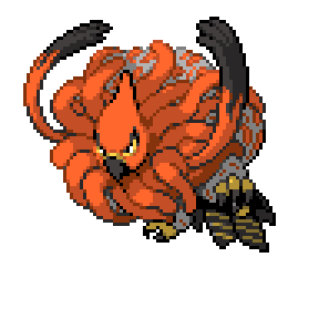 An orange curled creature with black tails