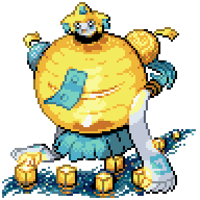 A round yellow creature in a blue robe surrounded by gold bars