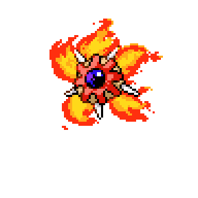 A spiked orange flower with a blue eye and flames