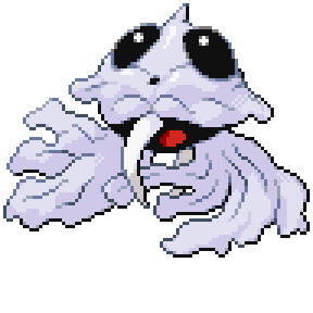 A pale ghostly creature with black eyes and a red mouth